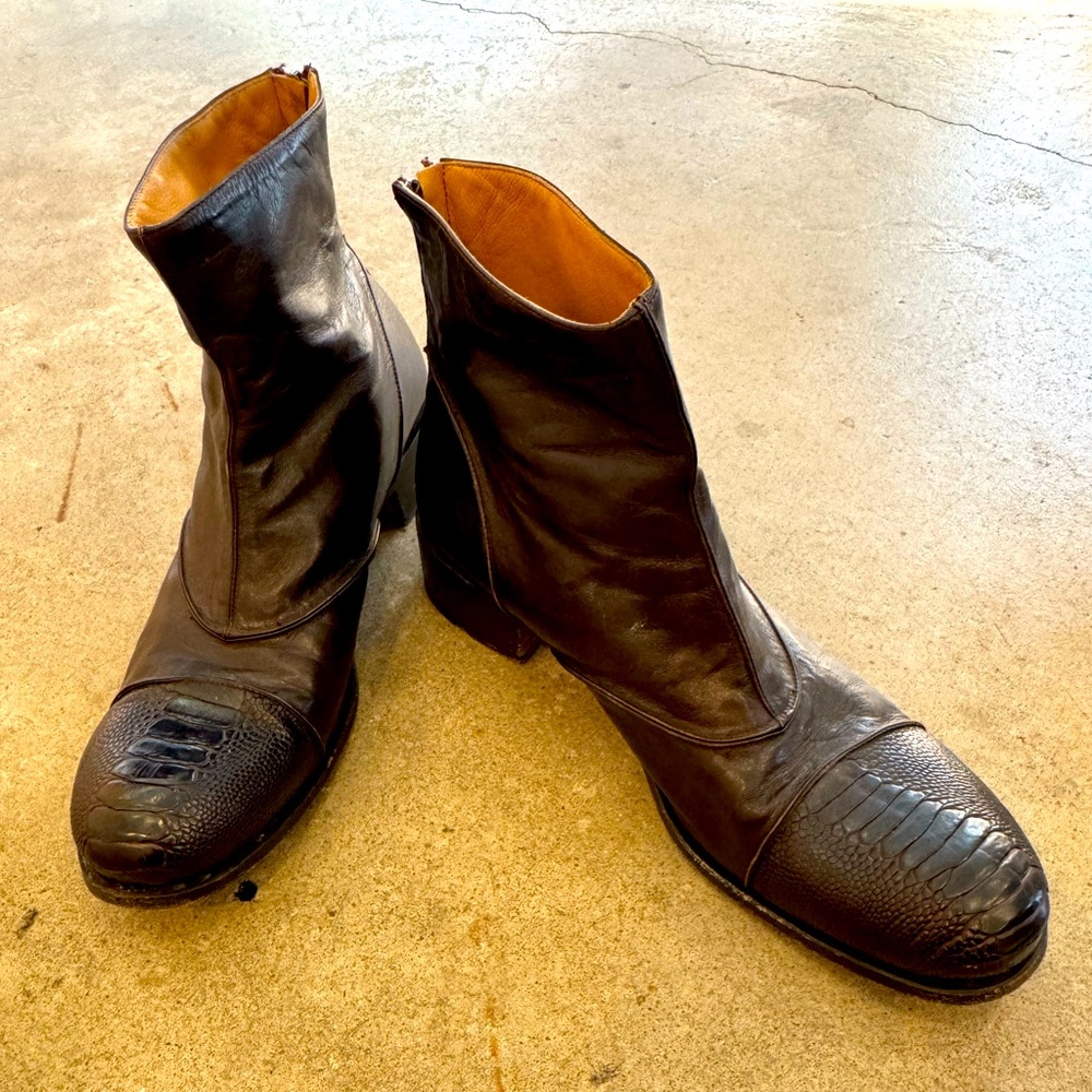 Gianni Barbato Brown Leather Ankle Boot w Snake Skin Toe 38.5